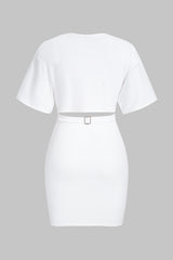 Crossed V-Neck Cut Out Ruched Belted Short Sleeve Midi Dress
