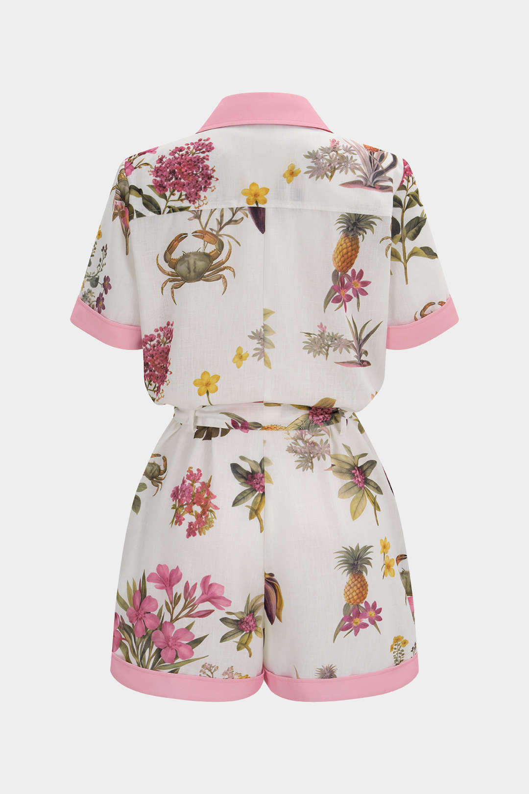 Contrast Floral Print Button Pocket Short Sleeve Wide Leg Romper
