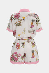 Contrast Floral Print Button Pocket Short Sleeve Wide Leg Romper