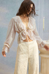 Chiffon Patchwork Lace Trim Drawstring Long Sleeve Shirt