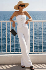 Button Strapless Sleeveless Wide Leg Jumpsuit