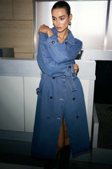 Denim Double-Breasted Belted Mid-Long Outerwear
