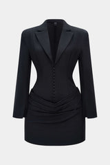 Deep V-Neck Waist-Cinching Ruched Long Sleeve Mini Dress