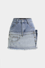 Denim Contrast Asymmetrical High Waist A-Line Skirt
