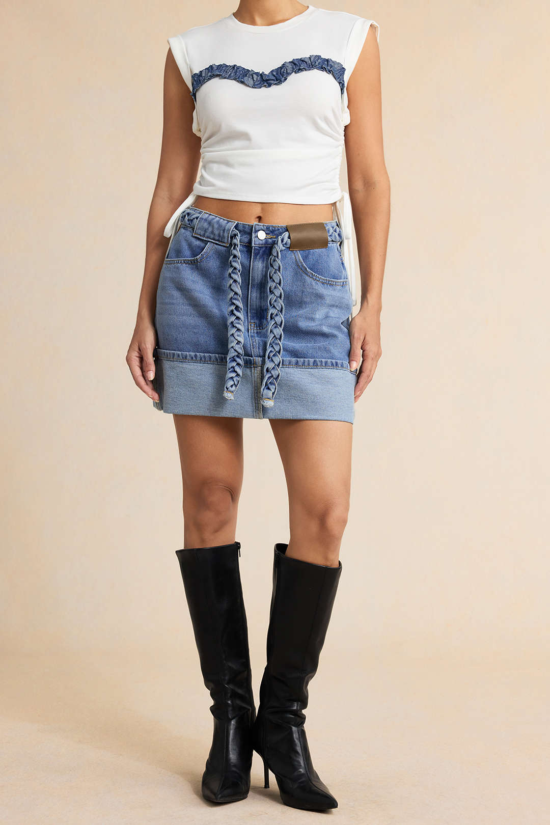 Denim Braided Belted Pocket Skirt