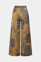 Abstract Print Satin Shirred Waistband Wide Leg Pants