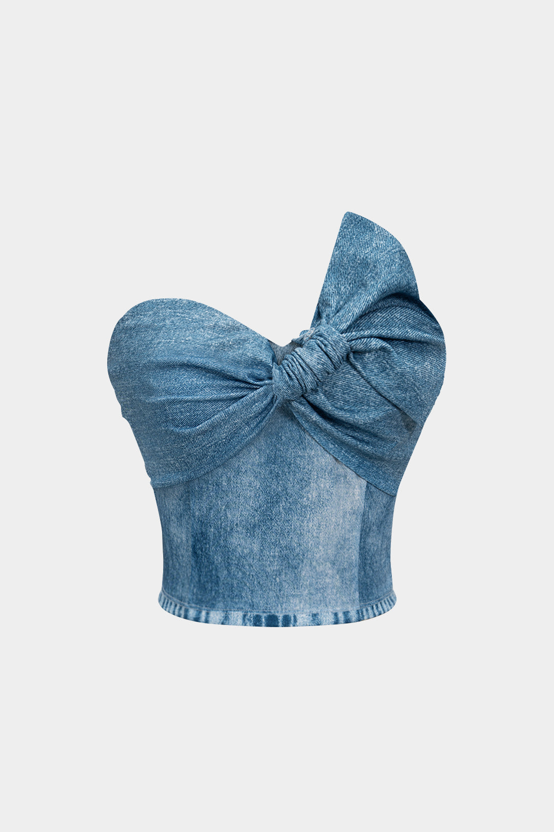 Denim Print Asymmetrical Twist Knot Strapless Tube Top
