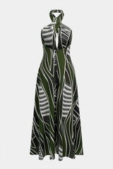 Abstract Print Halter Neck Cut Out Maxi Dress