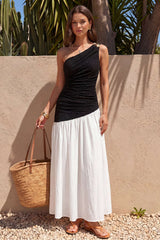 Contrast One Shoulder Metallic Ruched Sleeveless Maxi Dress
