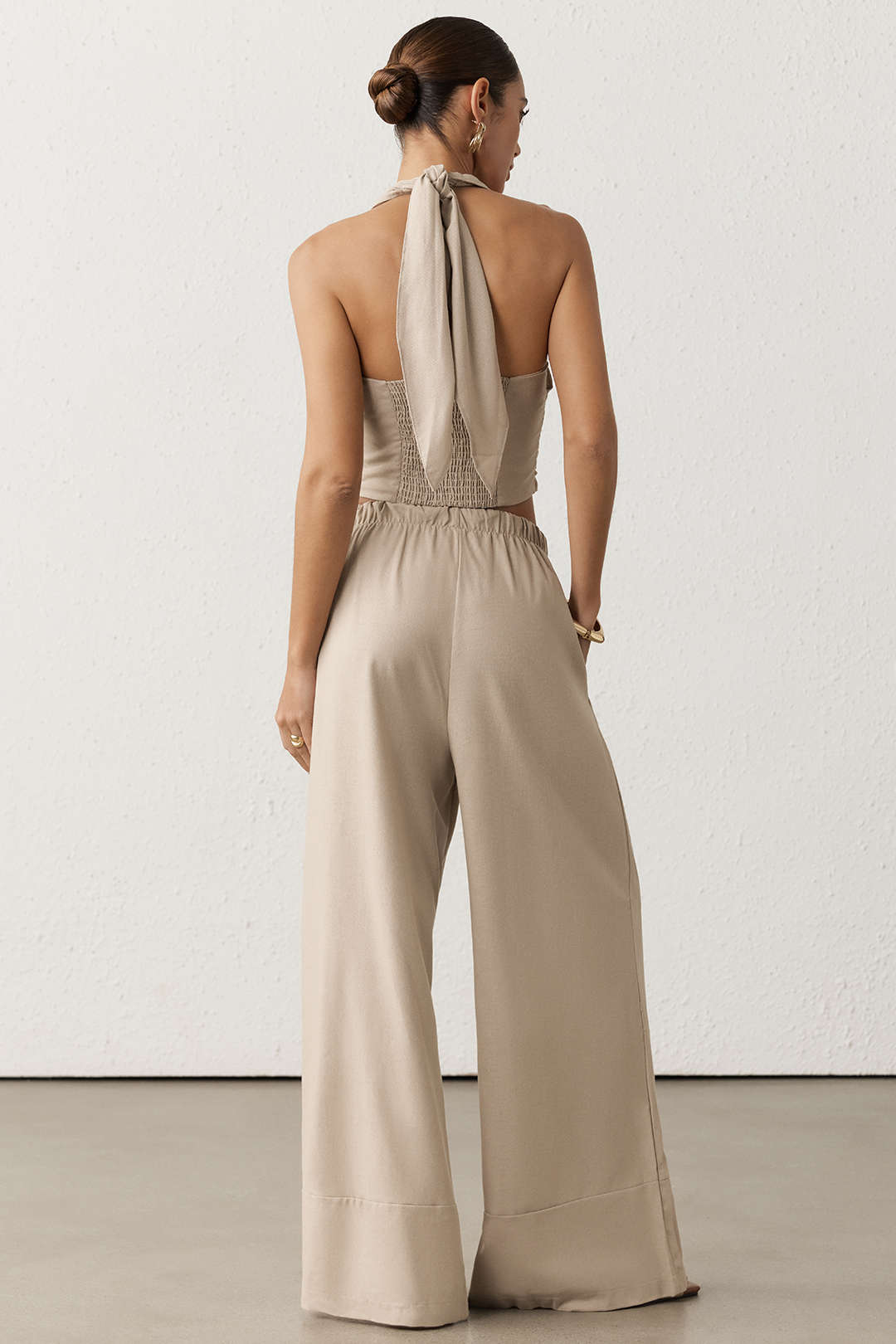 Crossed Halter Neck Ruched Tie-Up Top And Straight Leg Pants Set