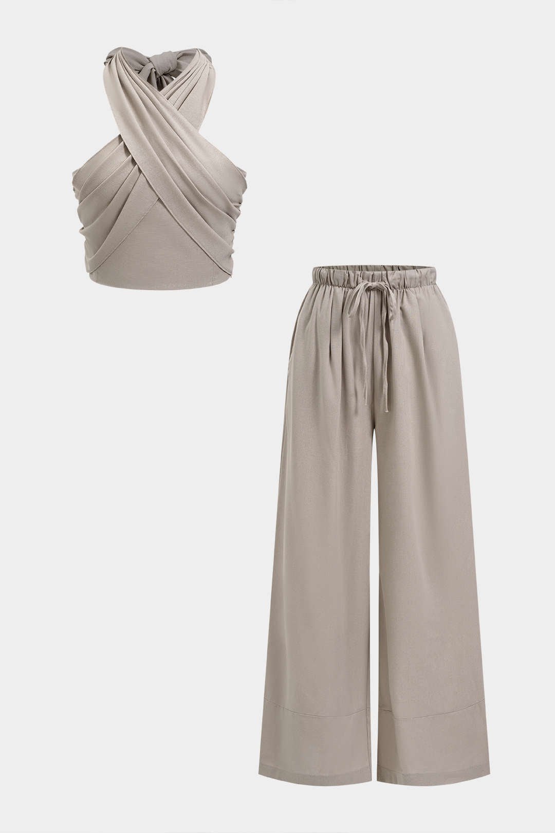 Crossed Halter Neck Ruched Tie-Up Top And Straight Leg Pants Set