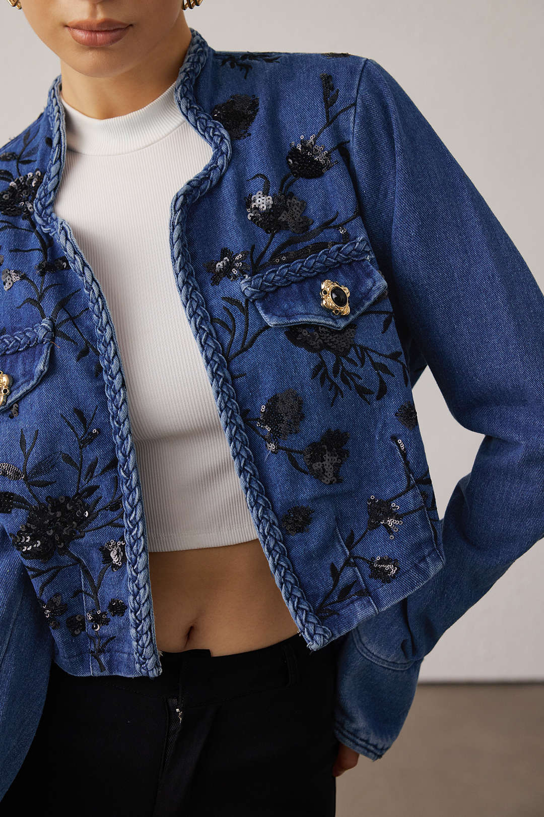 Denim Patchwork Sequin Embroidery Jacket