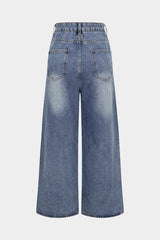Denim Drawstring Beads Decor High Waist Wide Leg Jeans