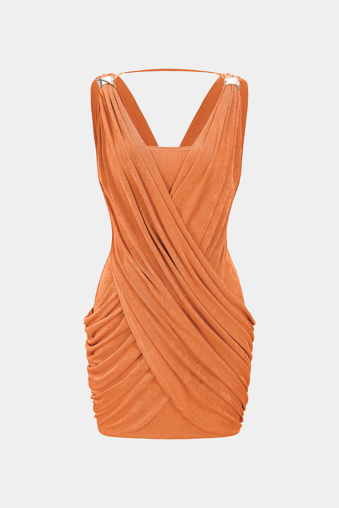 Crossed V-Neck Ruched Metallic Decor Sleeveless Mini Dress