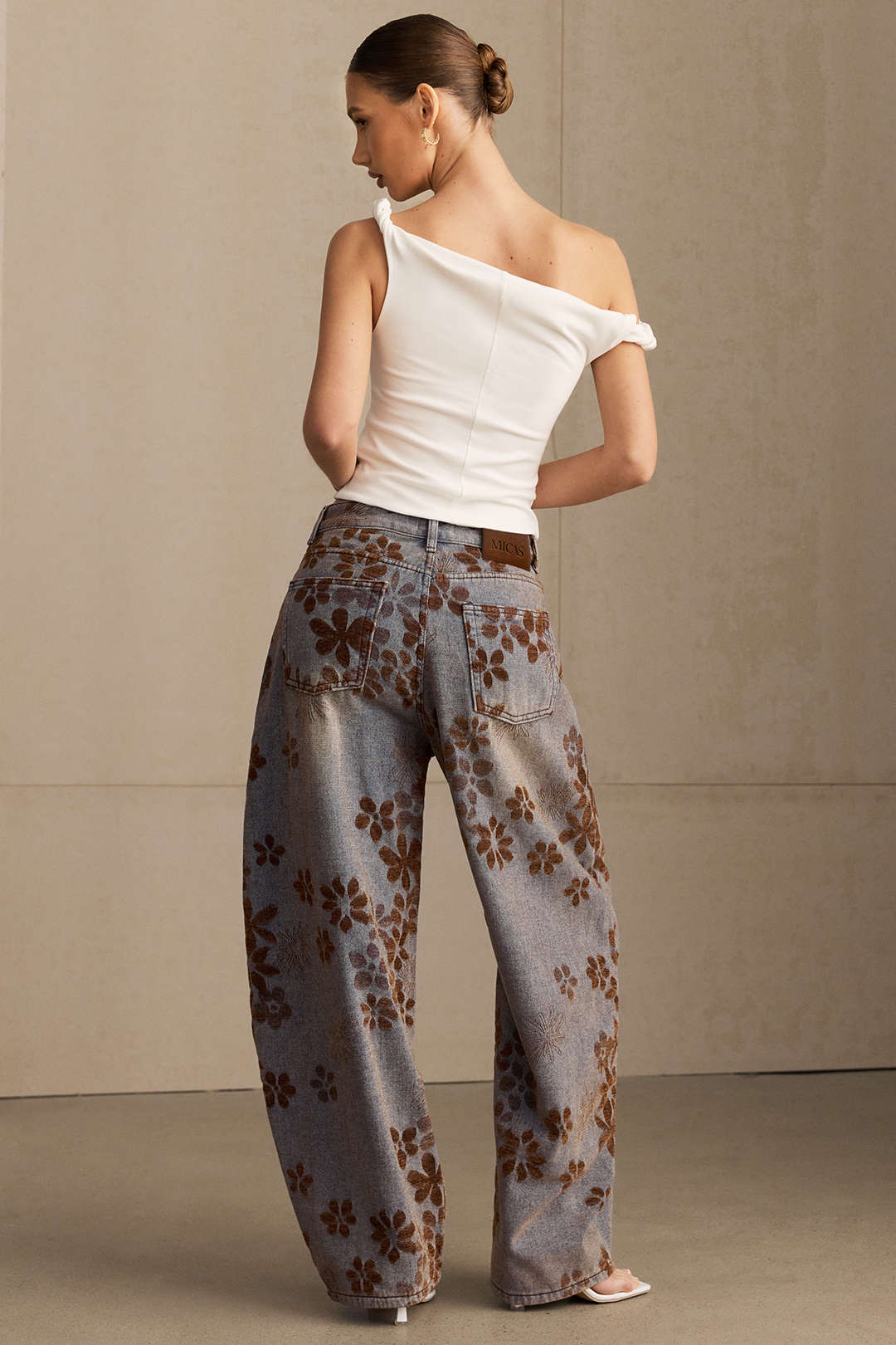 Denim Floral Print High-Waist Pocket Jeans