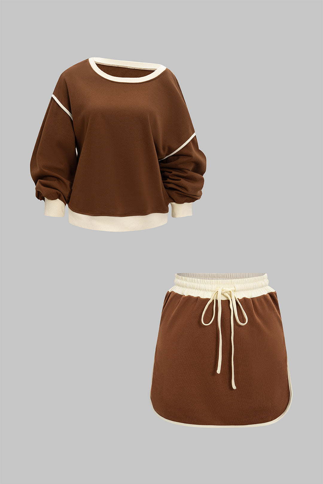 Contrast Binding Long-Sleeve Top And Drawstring Skirt Set
