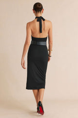 Crossed Halter Neck Belted Cut Out Sleeveless Midi Dress
