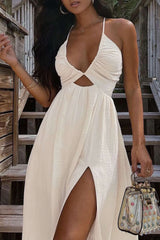 Backless V-neck Slit Midi Dress