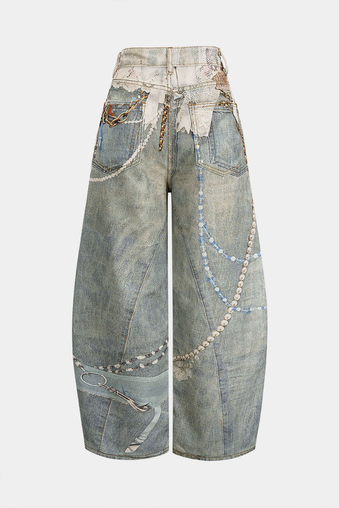 Denim Abstract Print Low Waist Wide Leg Pants