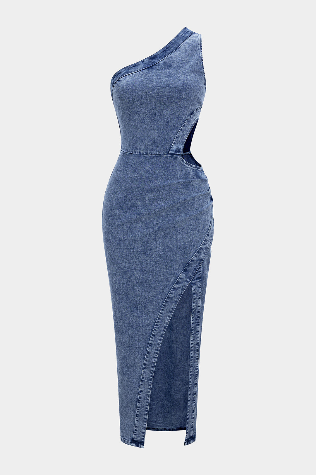 Denim One Shoulder Cut Out Asymmetrical Slit Zipper Midi Dress