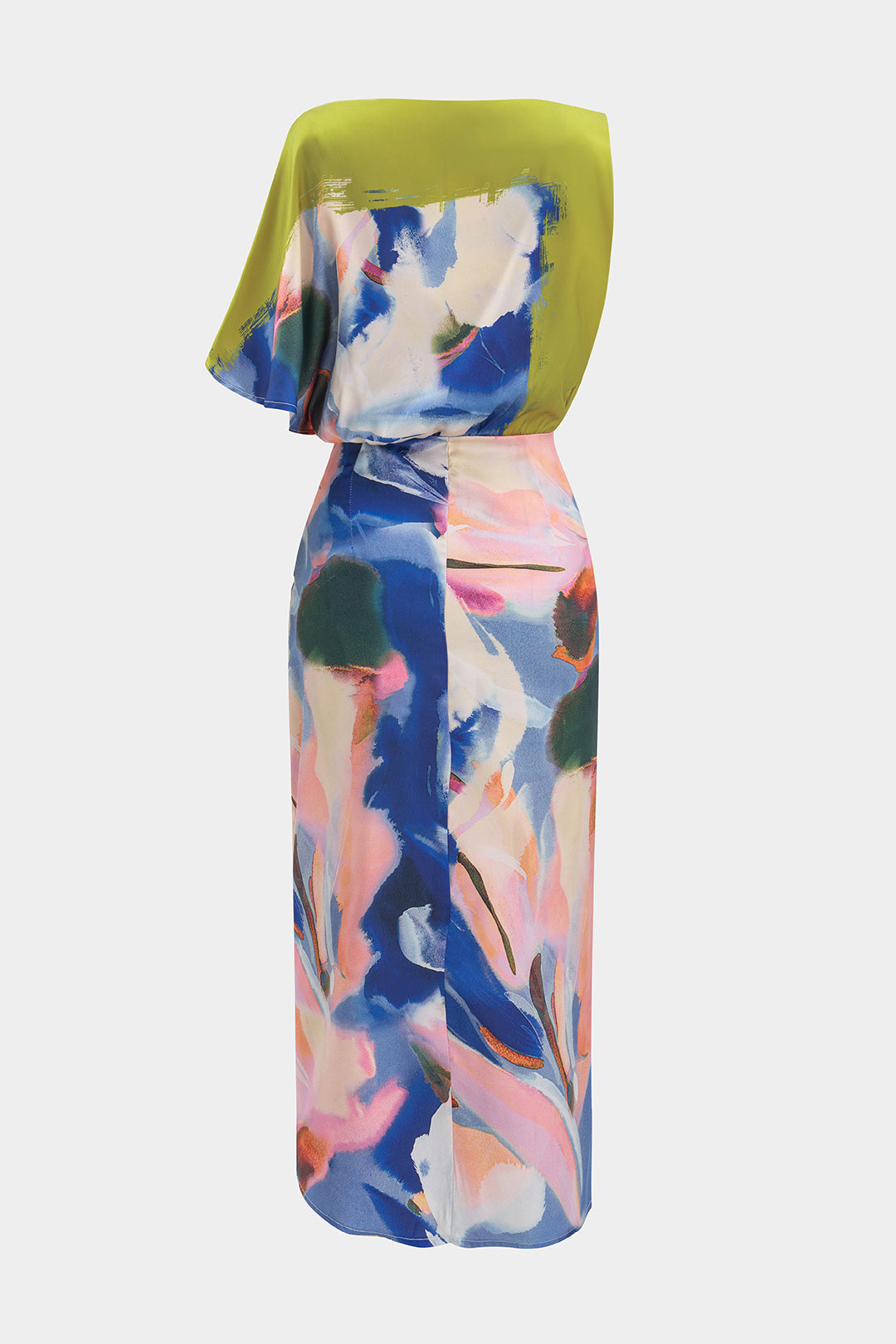 Abstract Print Satin Asymmetrical Short-Sleeve Maxi Dress
