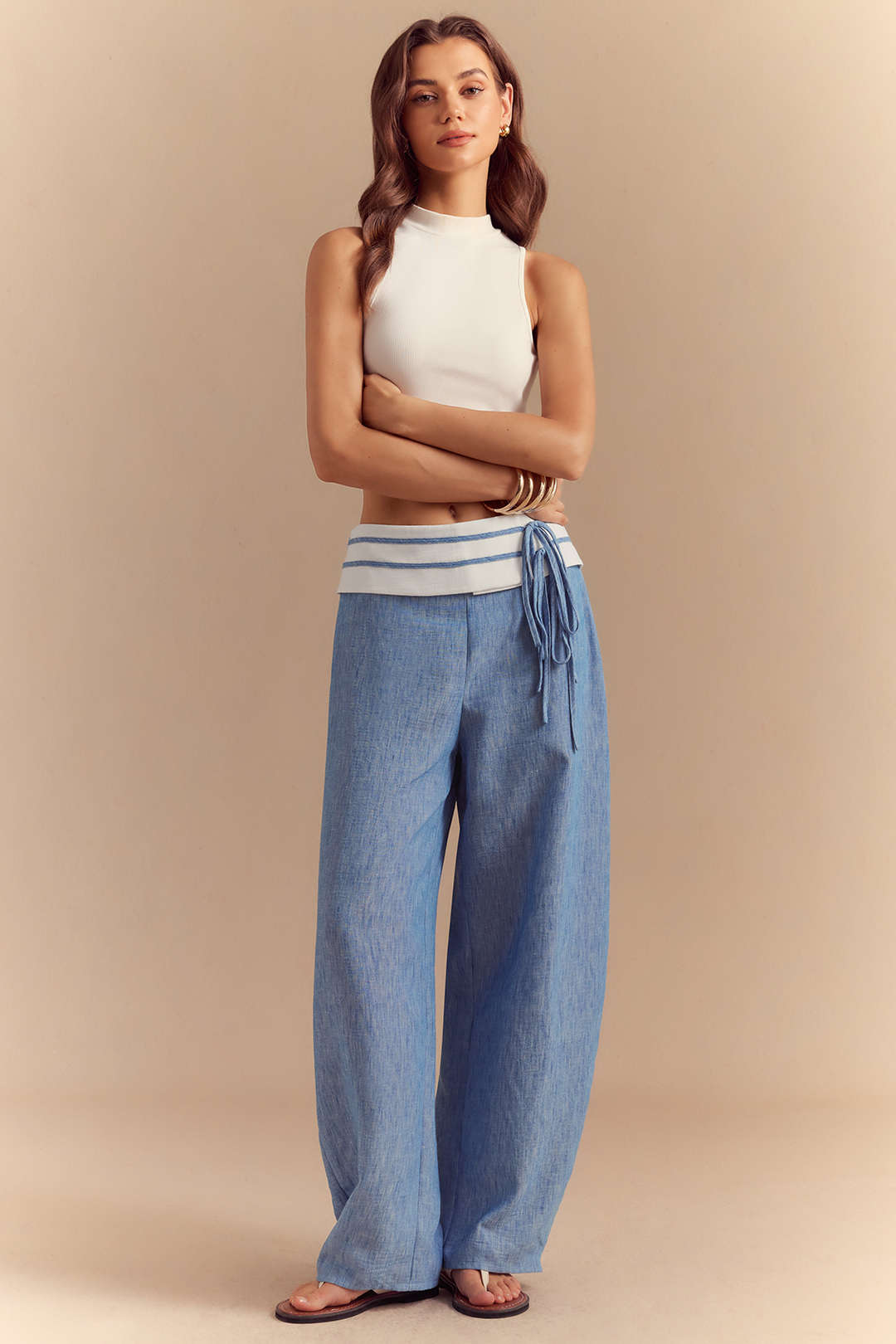 Contrast Tie Front Wide Leg Pants
