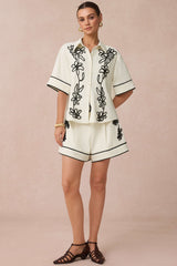 Contrast Flower Applique Short Sleeve Shirt And Belted Shorts Set