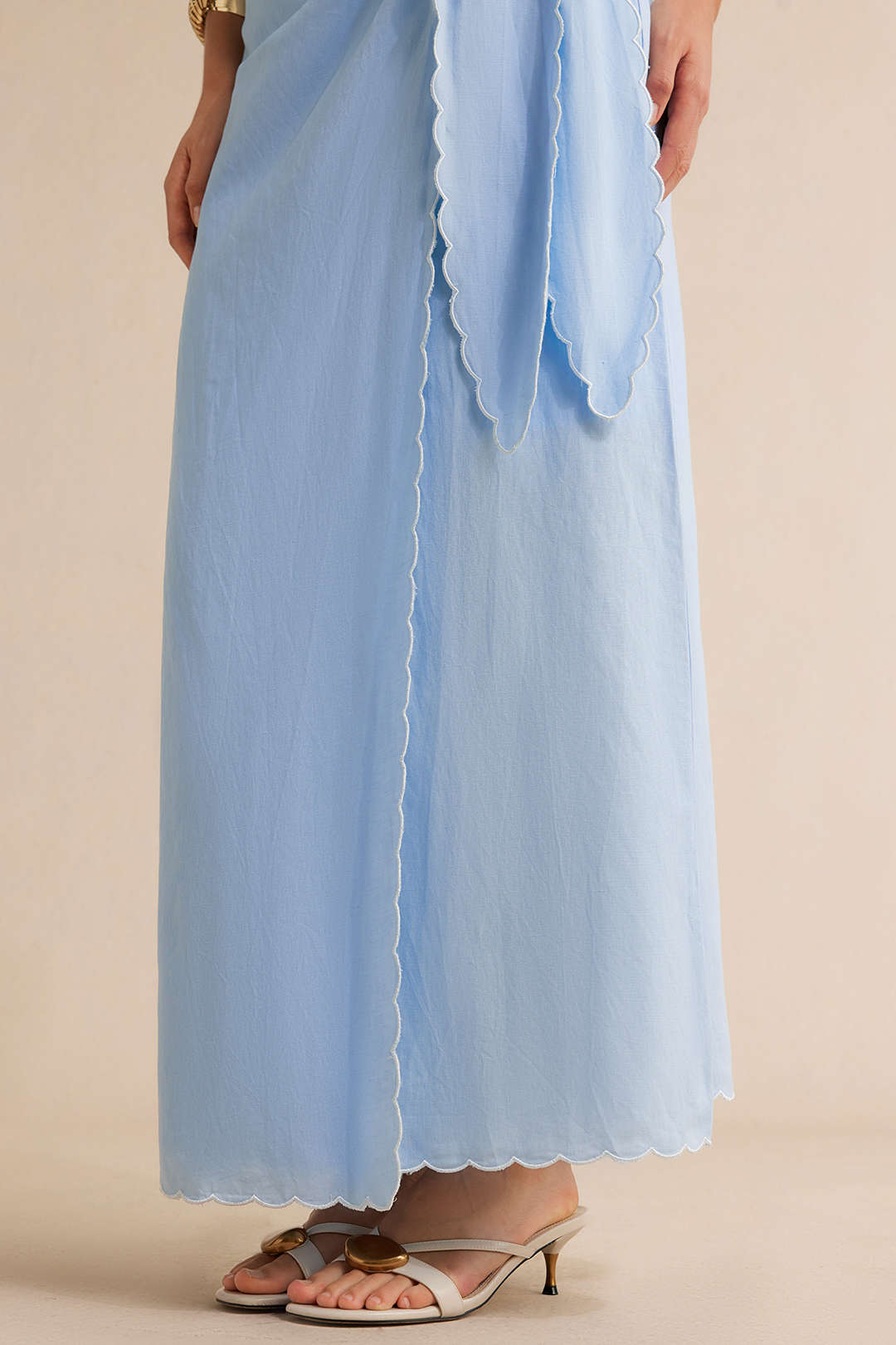 Contrast Whipstitching Linen Tie Front Wrap Skirt