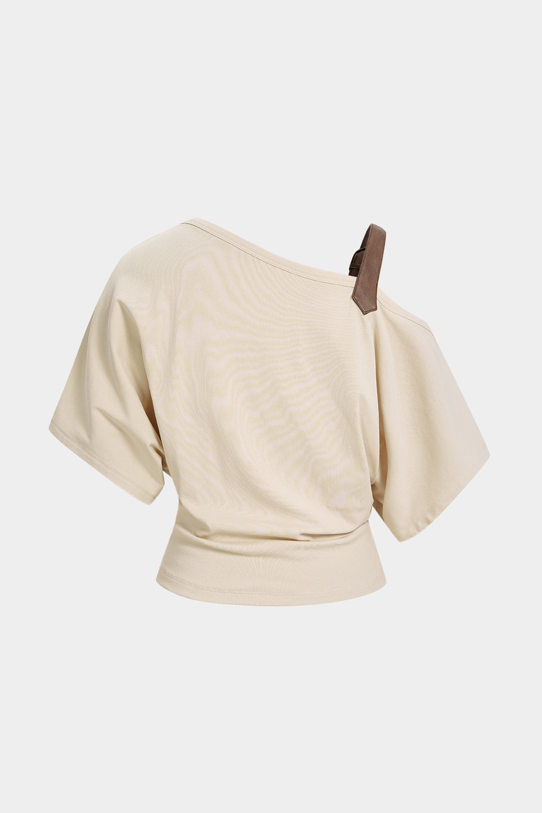 Asymmetrical Faux Leather Buckle One Shoulder Short Sleeve Top