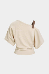 Asymmetrical Faux Leather Buckle One Shoulder Short Sleeve Top
