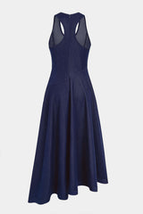 Denim Round Neck Asymmetrical Hem Ruched Sleeveless Midi Dress