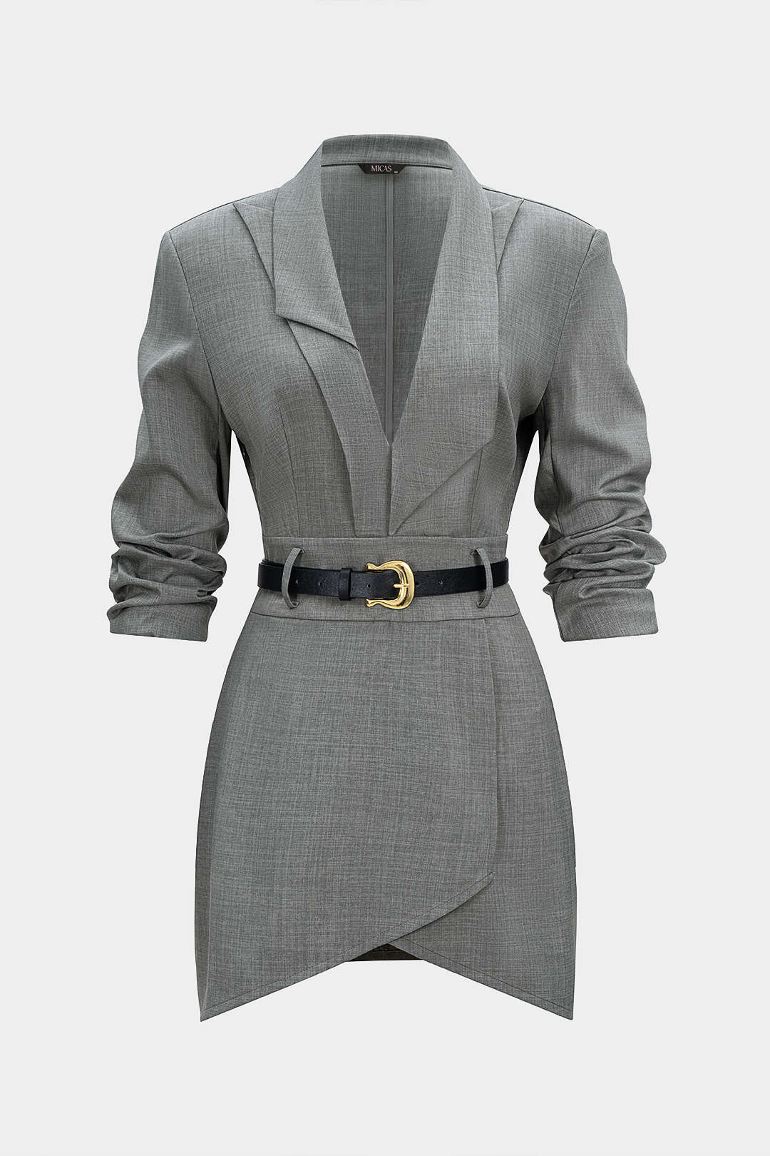 Asymmetrical Notched Lapel Belted Long Sleeve Mini Dress