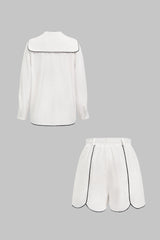 Contrast Binding Notched Lapel Long Sleeve Top And Shorts Set