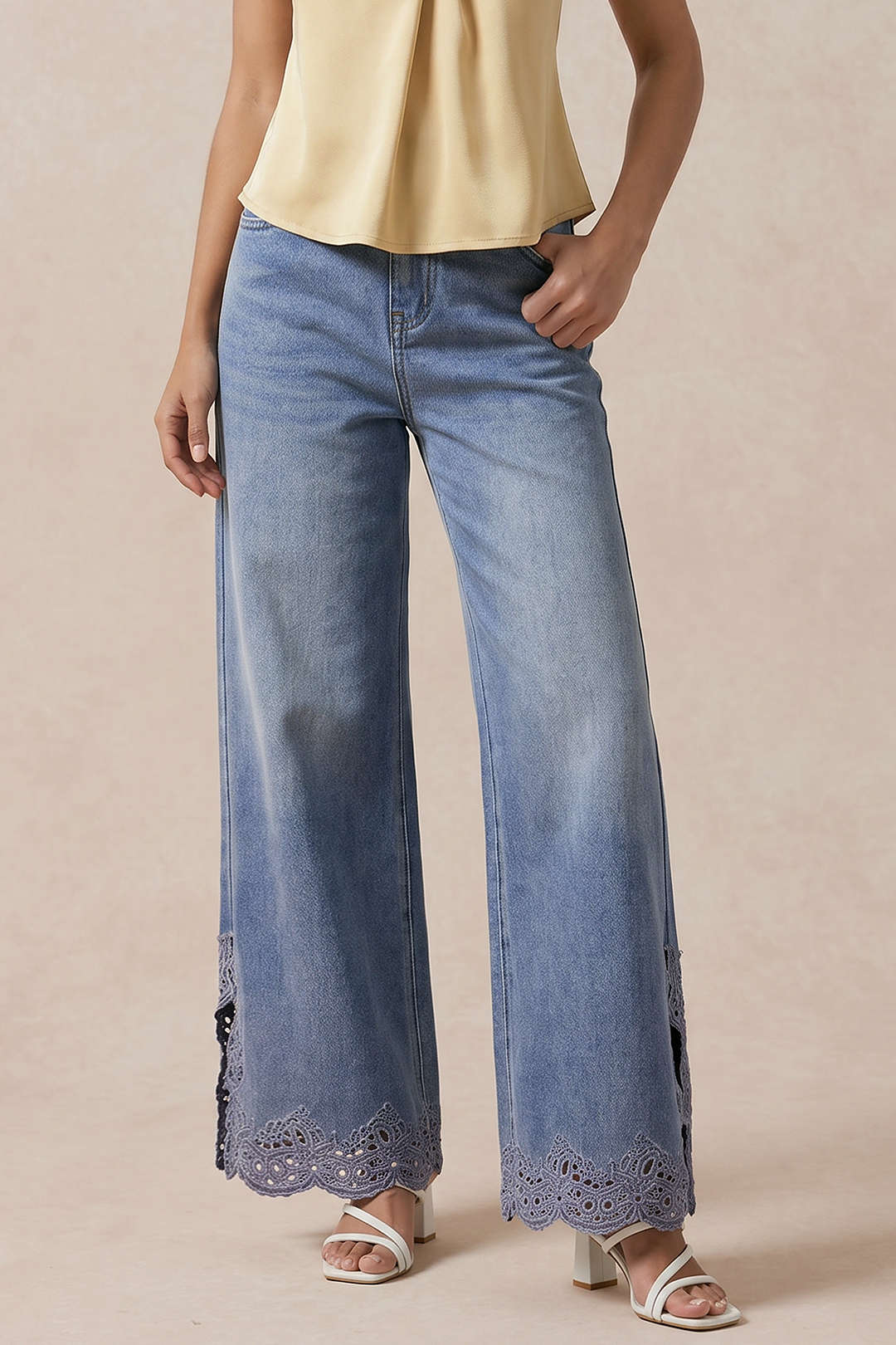 Denim Patchwork Cut Out Slit Straight Leg Jeans