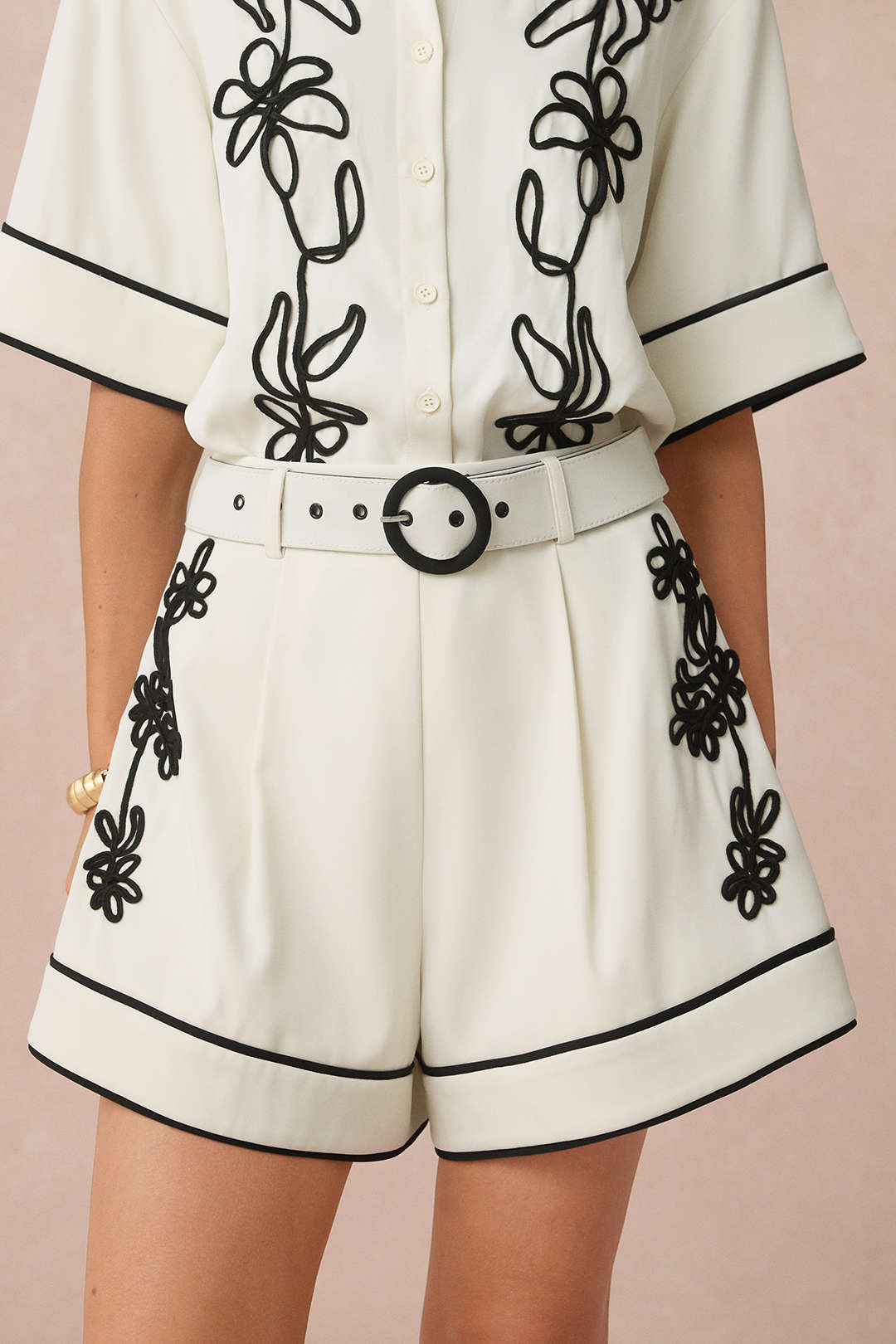 Contrast Flower Applique Short Sleeve Shirt And Belted Shorts Set