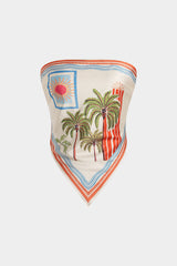 Coconut Palm Stripes Print Satin Strappy Tube Top