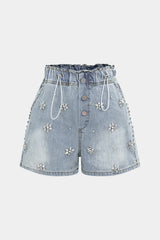 Denim Rhinestone Decor Wide Leg Shorts