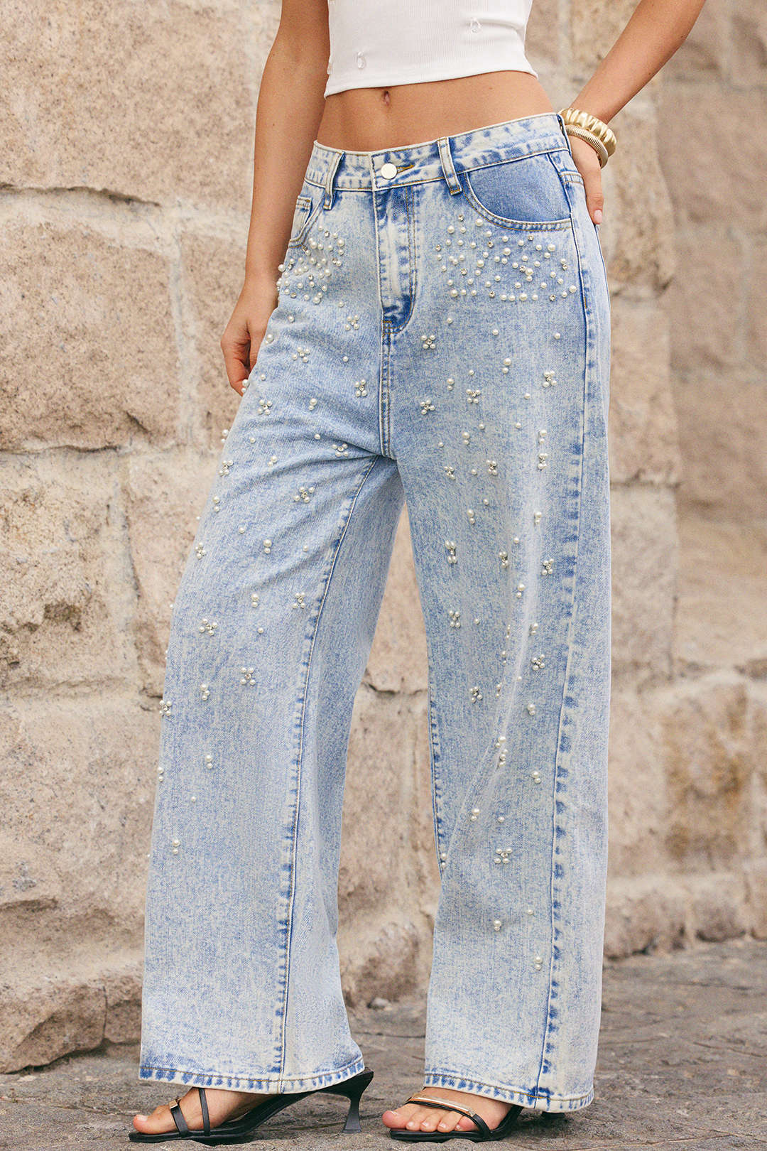 Denim Pearl Decor Straight Leg Jeans