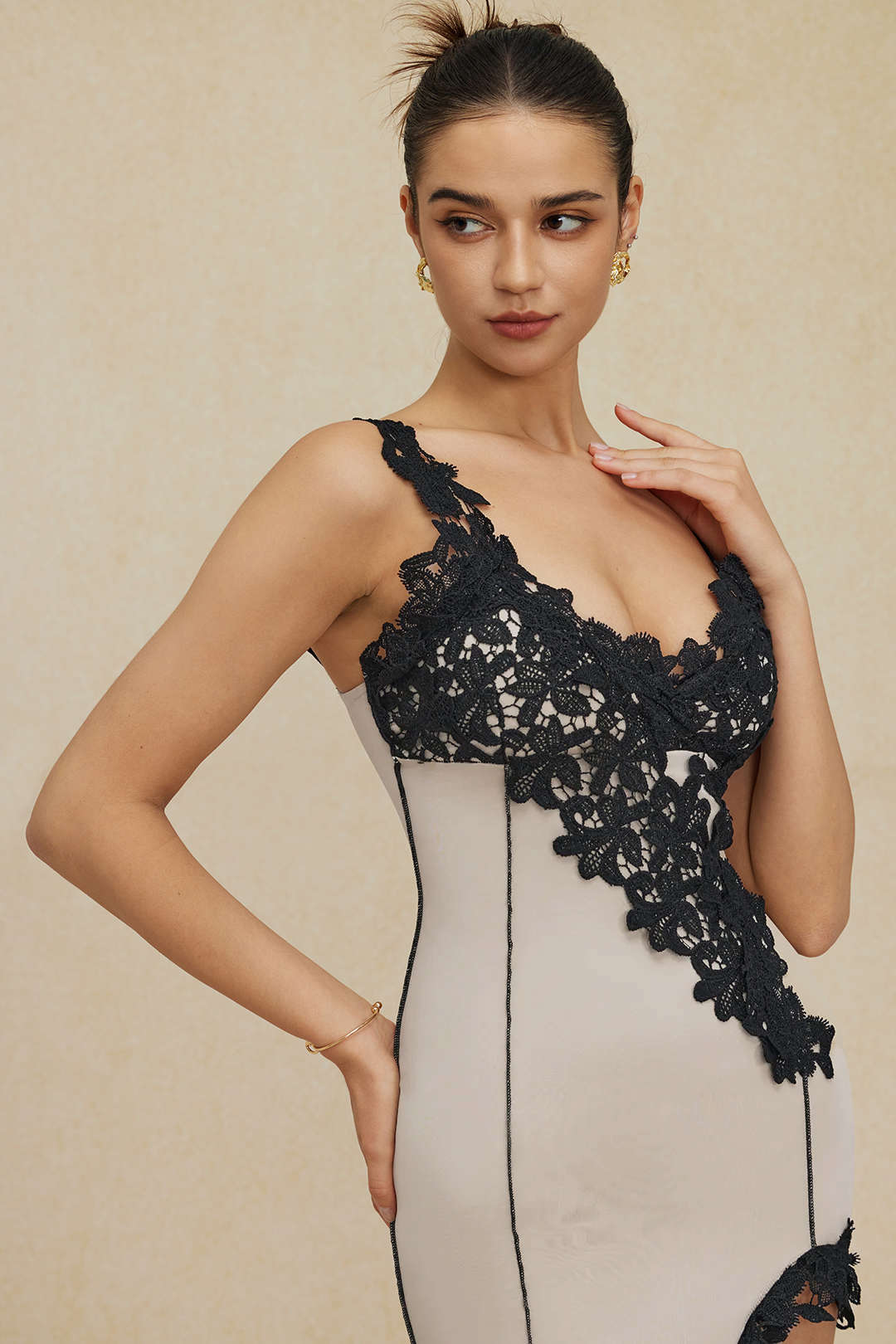 Asymmetric Lace Panel Midi Dress