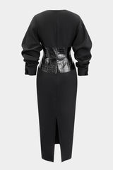 Crocodile Print Faux Leather Patchwork Long Sleeve Maxi Dress