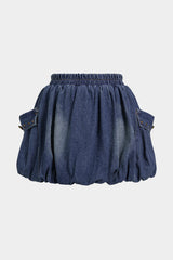 Denim Shirred Waistband Ruched Pocket Mini Skirt