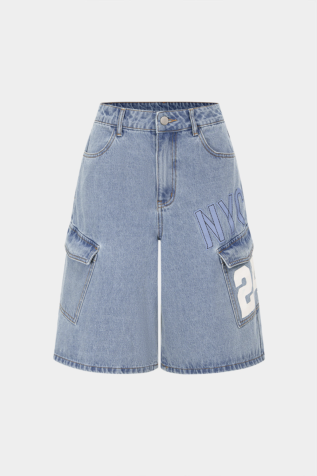 Denim Digital Letter Print Pocket High Waist Shorts