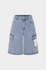 Denim Digital Letter Print Pocket High Waist Shorts