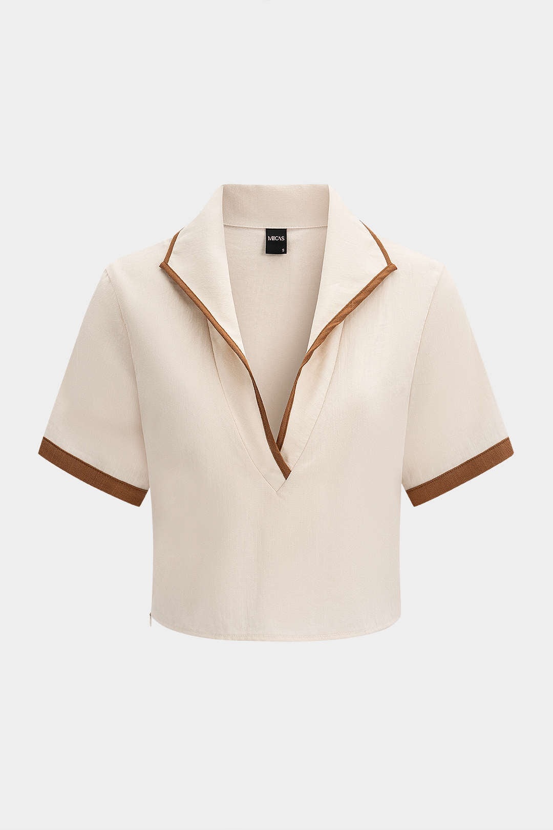 Contrast Binding Lapel V-Neck Short-Sleeve Shirt