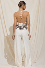 Artistic Print Satin Halter Neck Backless Tie-Up Beaded Top