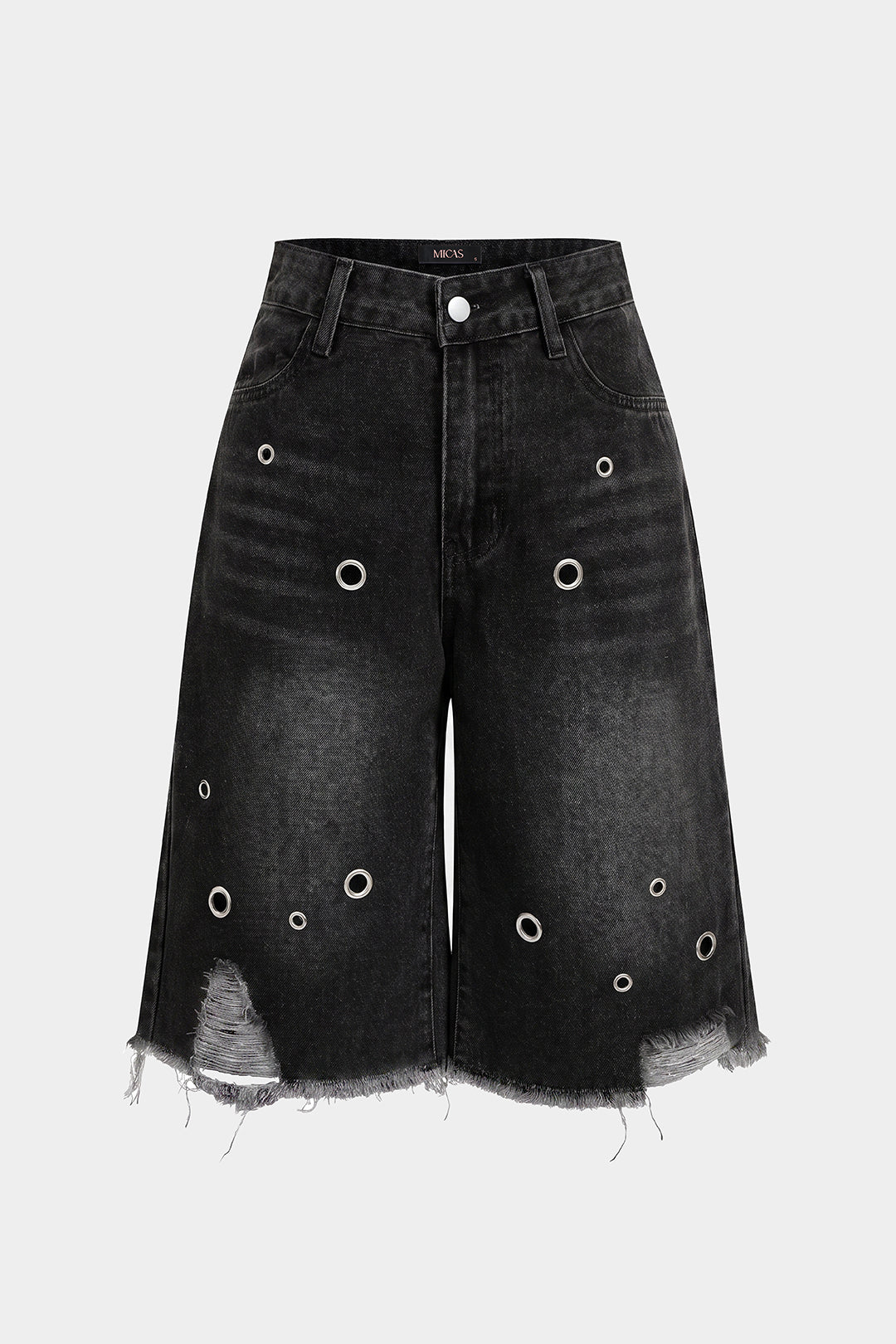 Denim Frayed Eyelet Wide Leg Shorts