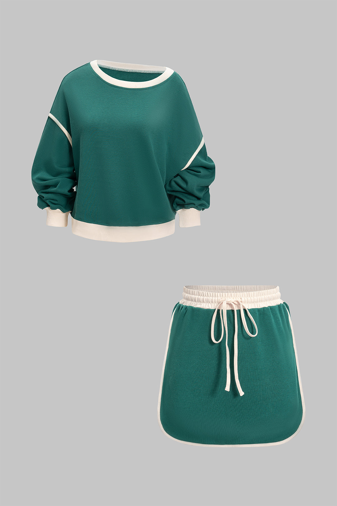 Contrast Binding Long-Sleeve Top And Drawstring Skirt Set