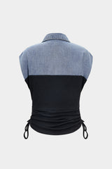 Denim Drawstring Patchwork Crop Top