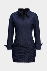 Denim Ruched Asymmetrical Long Sleeve Mini Dress