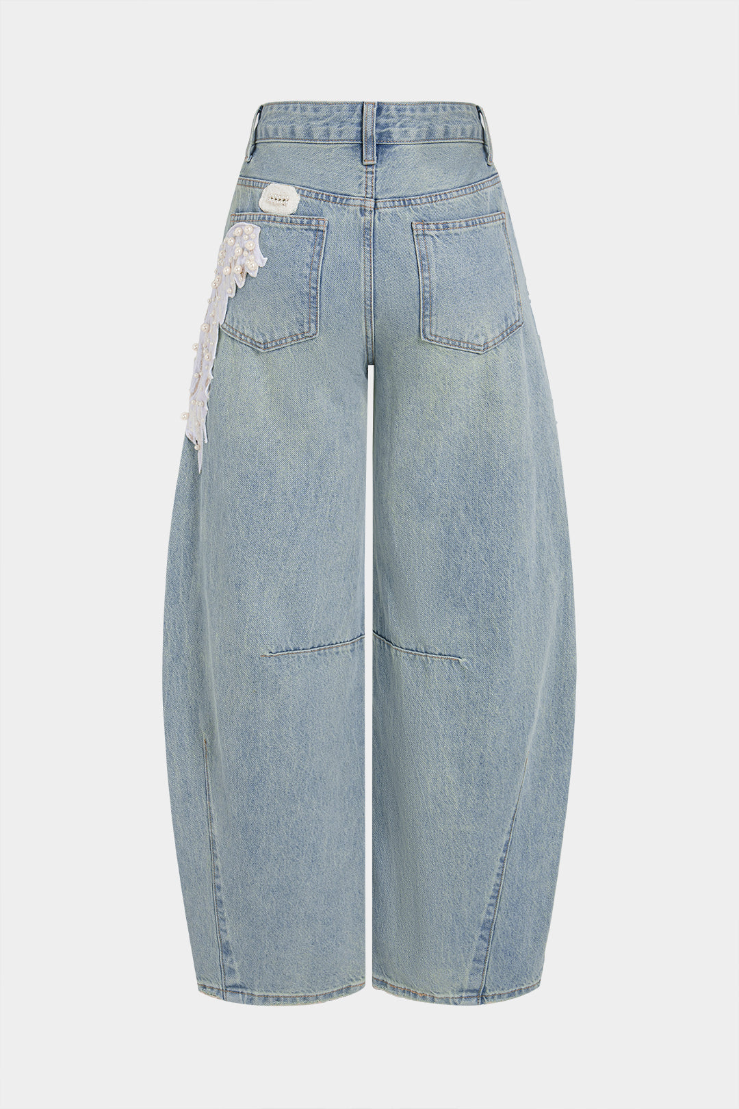 Denim Feather Pearls Decor Wide Leg Jeans